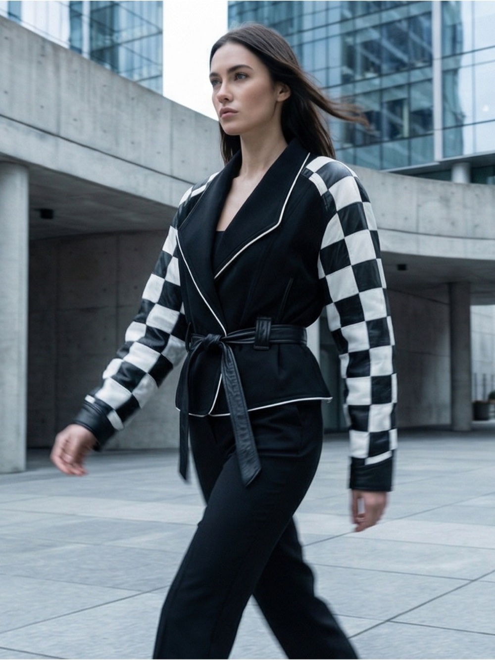 Black & White Checker Sleeve Belted Jacket - Women - Picture 2 of 4
